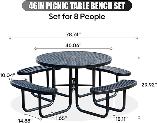 8-Person Outdoor Picnic Tables,46" Heavy-Duty Metal Round Picnic Table,Expanded Metal Commercial-Grade Table with 4 Benches & Umbrella Hole,Waterproof Coating Beach Table for Patio,Garden, Backyard