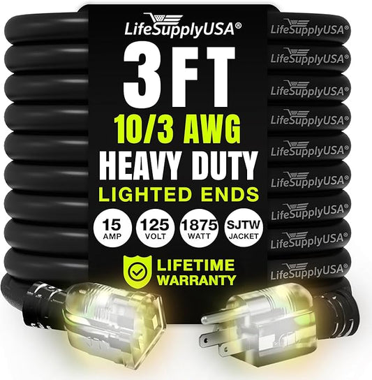 3ft Outdoor/Indoor Extension Cord 10/3 Gauge Ultra Heavy Duty 3 Prong SJTW, Waterproof, Flexible Cold-Resistant Long Power Cord,15A 125V 1875W, Black by LifeSupplyUSA