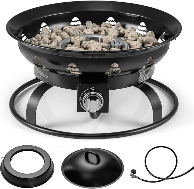 Tangkula Propane Fire Pit, 21 Inch Diameter Patio Portable Fire Bowl with Cover, Igniter & Tank Base Holder, 58,000 BTU Outdoor Gas Firepit with Lava Rock for Camping, Patio, Beach
