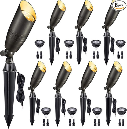 Gardenreet Spot Light Brass - Outdoor Landscape Spotlights LED, 12V Low Voltage Landscaping Uplights, Hard-Wired All Weather Bronze for Backyard Lawn with Day Light Changeable Bulbs (8 Pack)