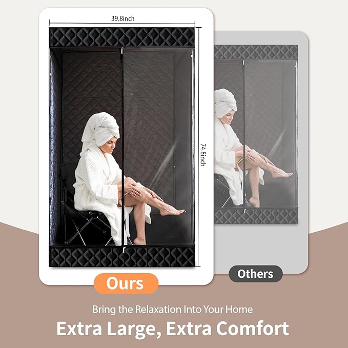 New UpgradeRed Light Sauna Box for Relaxation,Detoxification,Portable Steam Sauna for Home with XL Steamer,16 Levels, 75”x 40”x40”，Double Doors，Larger Folding Chair, Gym-Black， (Black)