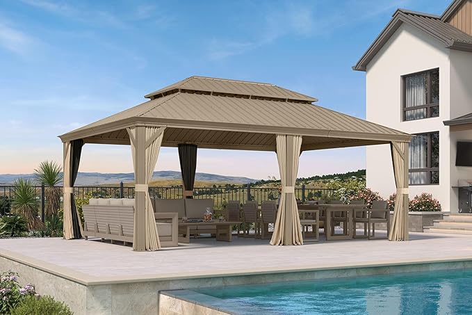 PURPLE LEAF Outdoor Gazebo 14'X16'，Champagne Hardtop Gazebo with Galvanized Steel Double Roof, Permanent Patio Gazebo with Curtains and Netting for Patio Lawn Garden and Deck