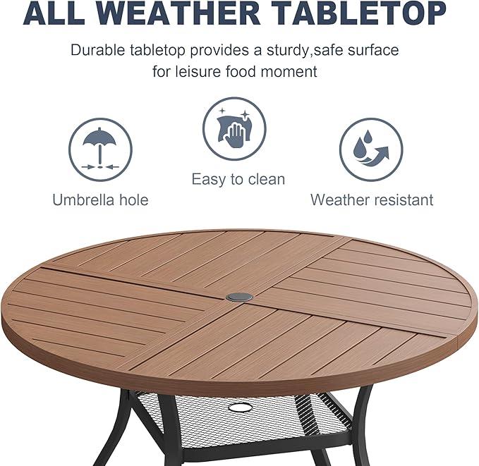VICLLAX Round Patio Dining Table, 4-6 Person Metal Outdoor Dining Table with Umbrella Hole and Storage Shelf for Garden Lawn Deck, 47.2" Walnut