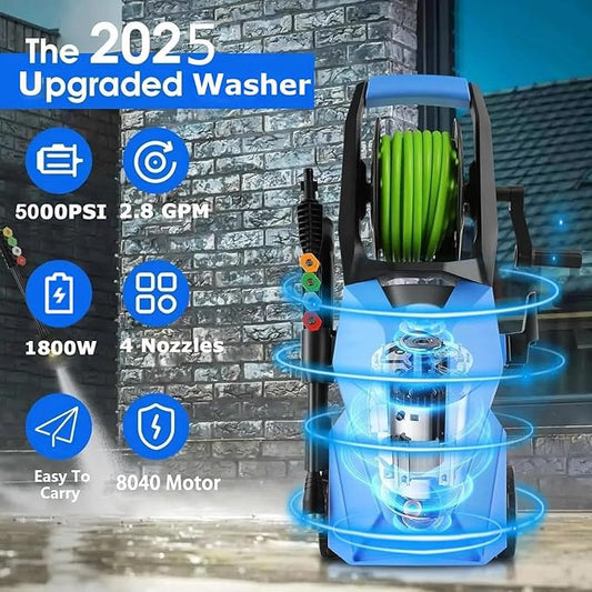 Electric Pressure Washer 5000 PSI,2.8 GPM Power Washer with Foam Cannon,Portable Cleaner with 33ft Hose Reel,4 Nozzle Tips,and Soap Bottle for Cars/Home/Driveways/Patios/Decks/Fences