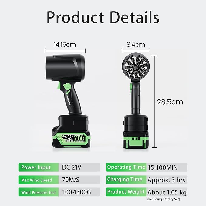 Powerful Turbo Dryer Blower for Car, 1300G Max Thrust, Cordless Leaf Blower with Replaceable 4000mAh Battery, LED Light and Stepless Variable Speed for Car Cleaning, Lawn (Deep Black)