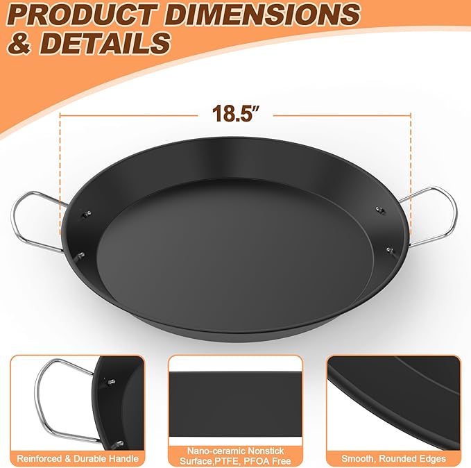 Ceramic Non-Stick Paella Pan with Handles, 18.5in Round Grill Griddle for TIKI Solo Stove Cuisinart Fire Pit Kamado Charcoal Grill Weber Kettle and More, Oven and Induction Safe PTFE Free PFOA Free