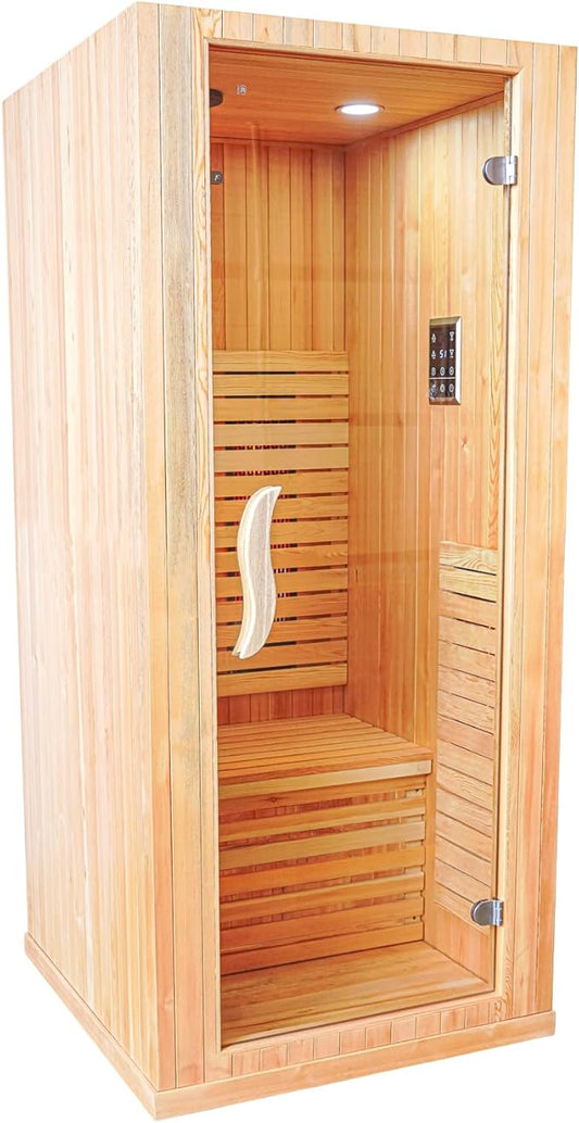 Infrared Home Sauna Room 1 Person Pinus sylvestris 800W Indoor Saunas Low EMF 110V with Control Panel and Tempered Glass Door,Room: 34.6 * 33.5 * 70.9 Inch