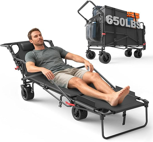 LEVELEVE Heavy Duty Folding Wagon - 2-in-1 Collapsible Cart, 650lb Capacity, All-Terrain Wheels w/Brakes & Side Pockets