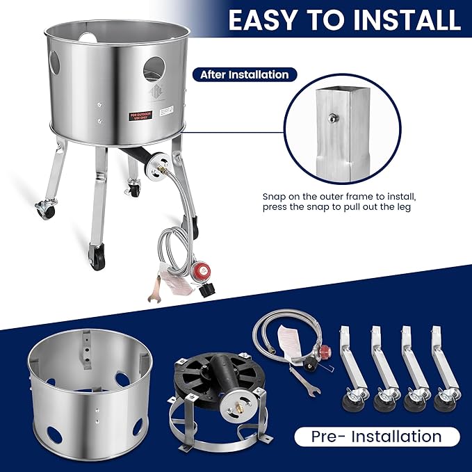 ARC 64QT Seafood Boiling Kit, 200,000BTU Stainless Steel Propane Burner And Crawfish Boil Pot With Strainer, Wheeled Legs and 360°Windscreen For Outdoors Cooking and Steaming, Large Turkey Fryer Pot