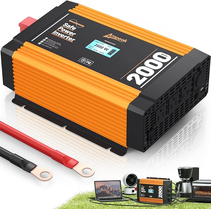 Ampeak 2000W Pure Sine Wave Inverter 12V DC to 120V AC LCD Display Power Inverter 17 Protections 3AC Outlets Dual 5V/3.1A USB Ports for Emergency Backup
