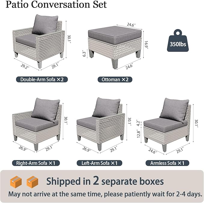 Outdoor Patio Furniture Set 7-Piece Modular Wicker Sectional Sofa with Ottomans and Thick Cushions, Modern Rattan Outdoor Conversation Couch for Garden Backyard, Grey