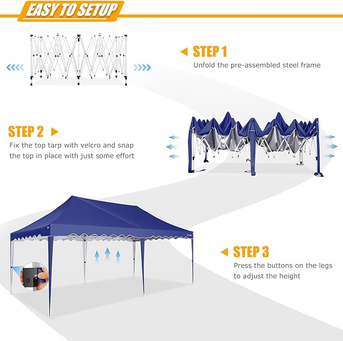 HOTEEL 10x20 Pop Up Canopy Tent, Waterproof Outdoor Shelter with Wheeled Bag & 4 Sandbags, Easy Setup for Backyard Parties, Weddings, Events, and Vendor Use, Navy