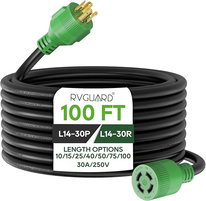 RVGUARD 4 Prong 30 Amp 100 Foot Generator Extension Cord, NEMA L14-30P/L14-30R, 125/250V Up to 7500W 10 Gauge SJTW Generator Cord with Cord Organizer, ETL Listed