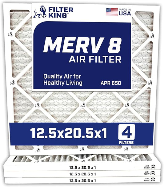 Filter King 12.5x20.5x1 Air Filter | 4-PACK | MERV 8 HVAC Pleated A/C Furnace Filters | MADE IN USA | Actual Size: 12.5 x 20.5 x .75"