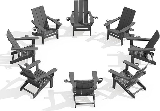 SERWALL Outdoor HDPE Adirondack Chair Set 8, Modern Folding Adirondack Chair with Cup Holders, Weather Resistant Fire Pit Chairs, Gray