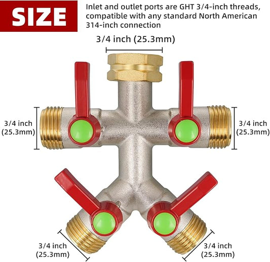 Hose Splitter 4 Way, High Flow Garden Hose Splitter, 3/4” Ght Inlet Brass Heavy Duty Hose Converter, Full Flow water 4 Way Faucet hose splitter, Long Handle Hose Valve Large Outlet.