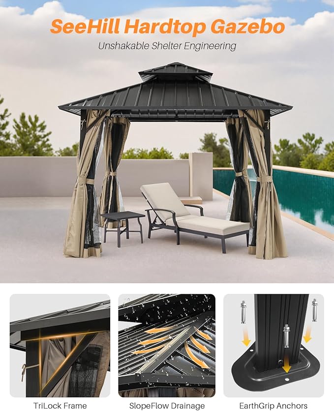 SEEHILL 10' x 10' Hardtop Gazebo, Aluminum Frame Outdoor Patio Gazebos with Netting and Curtains, Outdoor Gazebo Canopy, Patio Pergola with Double Steel Roofs for Backyard, Patio, Deck, Sandstone