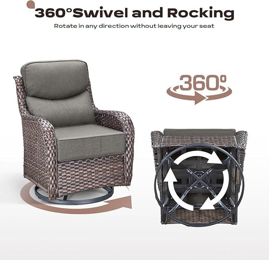 Rilyson Wicker Outdoor Patio Furniture Set - 6 Piece Patio Conversation Sets with Swivel Rocker Chairs, Ottomans, Sofa and Table, 6 inch Cushions, Deep Seating, for Porch Deck Brown/Grey