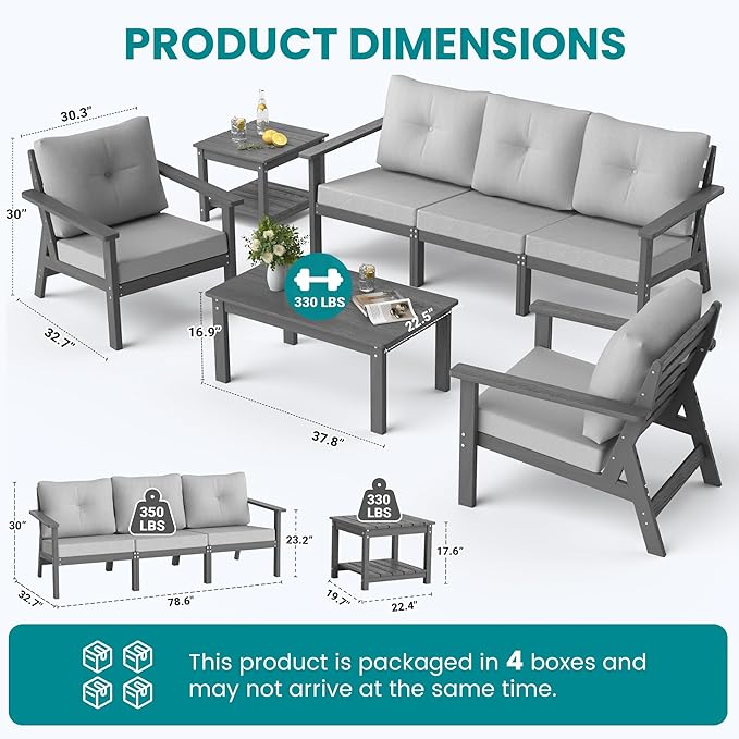 7-Piece HDPE Patio Furniture Set, All Weather Outdoor Couch with Thick Cushions, Wood Grain Outdoor Sectional with 2 Elegant Coffee Table, Durable Patio Conversation Sets for Balcony, Porch, Gray