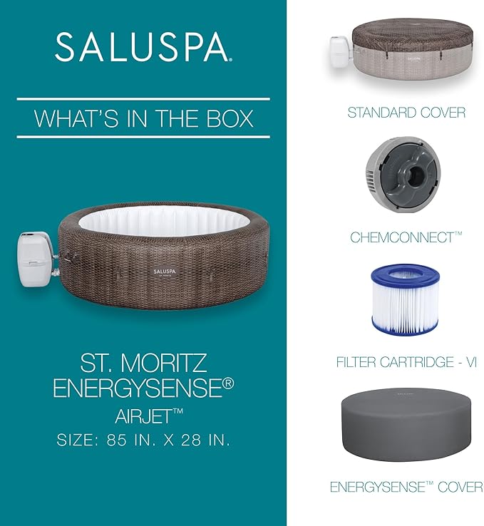 Bestway SaluSpa St Moritz AirJet 5 to 7 Person Inflatable Hot Tub Round Portable Outdoor Spa with 180 AirJets and EnergySense Energy Saving Cover