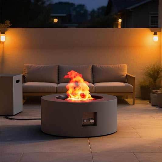 30" Round Propane Fire Pit Table - 50K BTU with Lid, Rocks Tank Storage and Cover - Round Gas Fire Pits for Outside Patio - Outdoor Table with Firepit (Grey, 30" Round)
