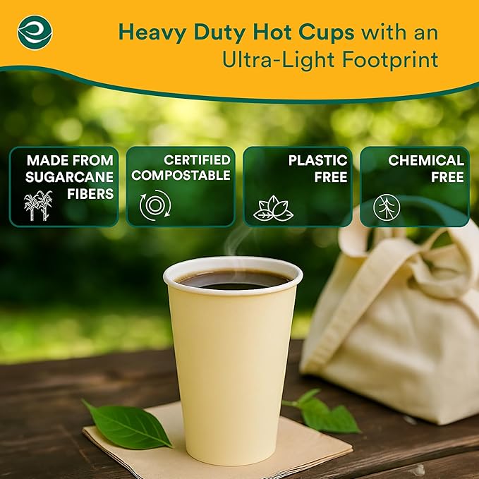 ECO SOUL 100% Compostable Plant-Based 16oz Hot Cups | (25 Count, 16 oz Hot Cups) | Disposable Bagasse Paper Cups | Eco-friendly Cups | Sturdy, Microwave & Oven Safe