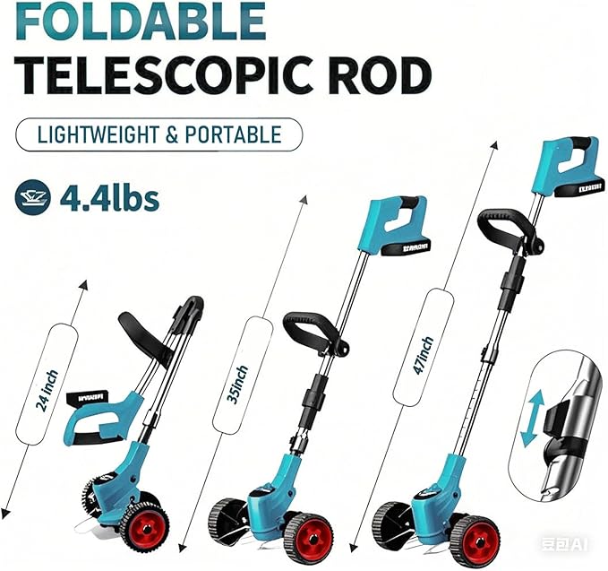 Powzen 36V Electric Weed Wacker Cordless String Trimmer Battery Powered/w 2X 6.0Ah Battery and 2.0Amp Charger, Height Adjustable Wheeled，3-in-1 Grass Trimmer/Brush Cutter/Hedge Trimmer/Weed Eater