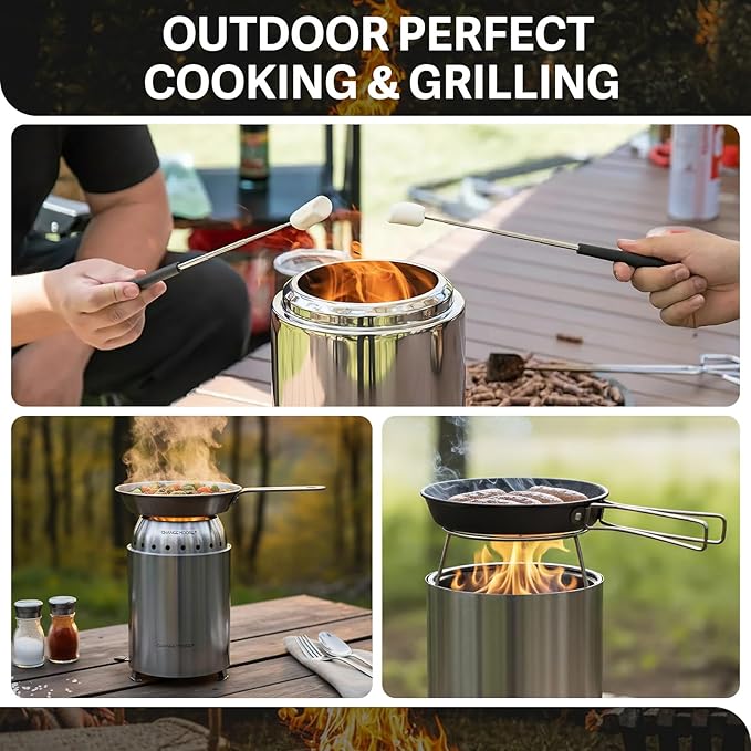 CHANGE MOORE Table Fire Pit Set & Cap, Portable Smokeless Firepit with Flodable Stand, Secondary Burn Fueled by Pellets or Wood, 201 Stainless Steel Table Top Firepit for Patio, Camping, Backyard
