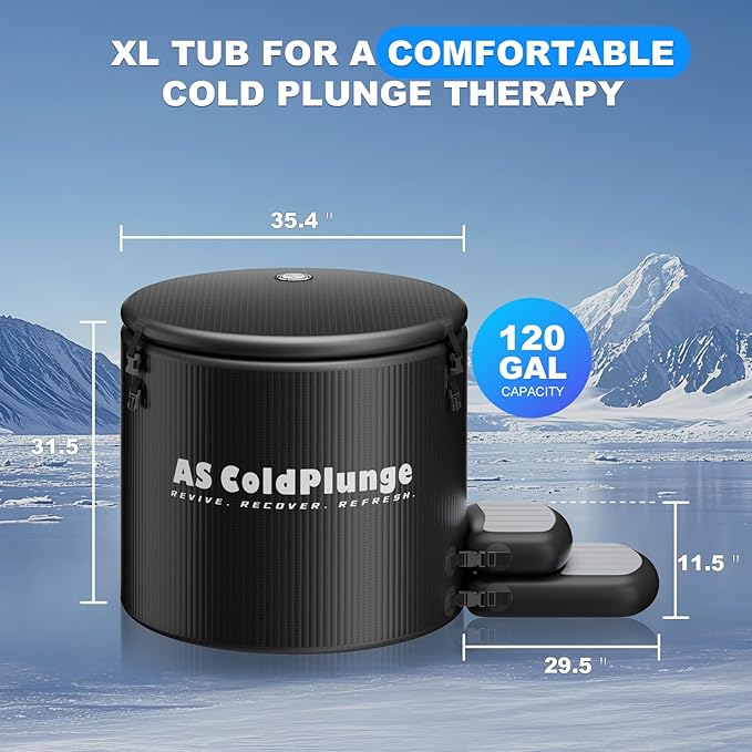 AS ColdPlunge XL Ice Bath Tub for Cold Plunge, 120 Gal Ice Plunge Tub with Insulated Lid, Step Stool, Portable Inflatable Ice Pod Plunge Barrel, Easy Chiller Connection, Cold Therapy Indoor Outdoor