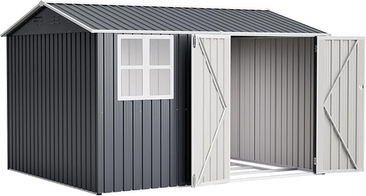 ZMAD Outdoor Storage Shed Metal, Large Garden Tool Sheds Outdoor with Lockable Doors, Waterproof Steel Utility Storage Building (Gray, 8X 10ft /Floor Frame)