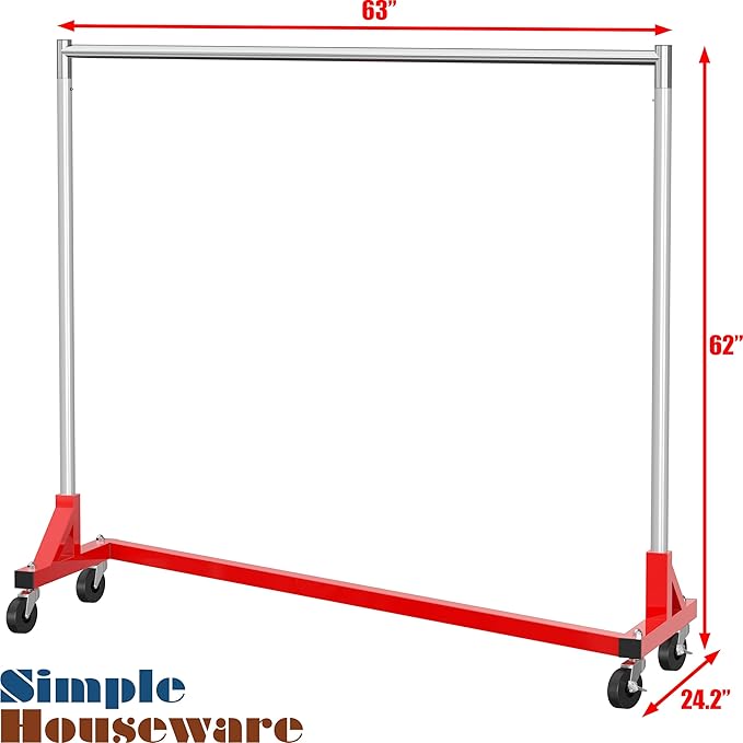 Simple Houseware Industrial Grade Z-Base Garment Rack, 500lb Load with 62 Inches Extra Long Bar, Red