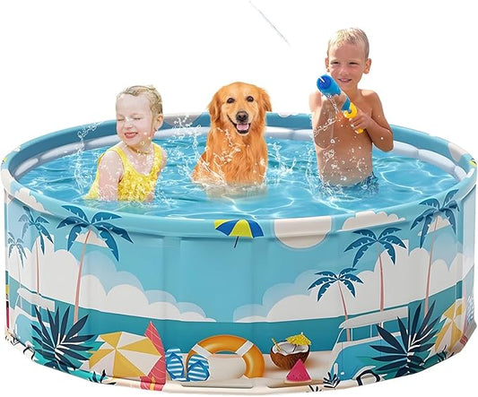 Foldable Swimming Pool for Kids 63"x18" Hard Plastic Portable Dog Pool Anti-Slip Collapsible Pets Bathtub Kiddie Pool Indoor Outdoor Backyard (Beach Party 63'')