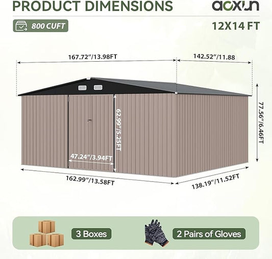 Aoxun 14x12 FT Large Shed Outdoor Storage Shed with 2 Large and Tall Doors, Utility Tool Shed Storage House with Lock, Metal Sheds with Sloped Roof for Patio Garden Lawn, Brown