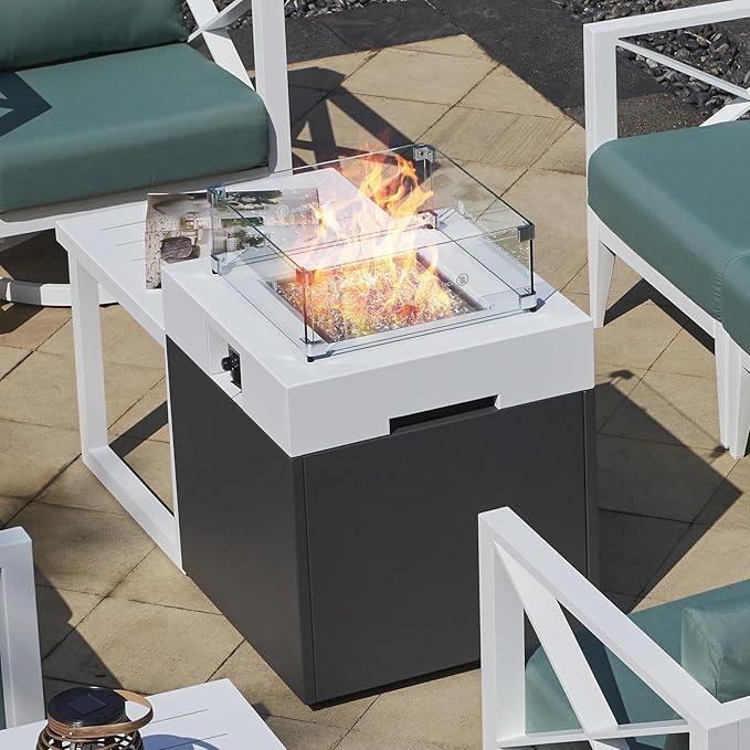 22" Aluminum Fire Pit Table, 37,000 BTU Gas Firepit for Outdoor Patio Deck and Garden, CSA Certified Fire Pit with Lid, Waterproof Cover, Glass Wind Guard and Glass Stone, White