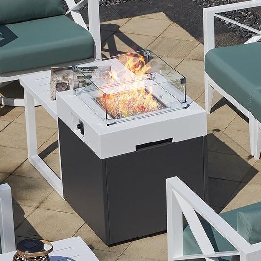 22" Aluminum Fire Pit Table, 37,000 BTU Gas Firepit for Outdoor Patio Deck and Garden, CSA Certified Fire Pit with Lid, Waterproof Cover, Glass Wind Guard and Glass Stone, White