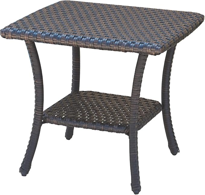 Rilyson Patio Tables Outdoor Coffee Table - Wicker Rattan Side Tables with 2-Tier Storage Shelf End Table for Porch Deck Balcony Garden Outside Square Brown