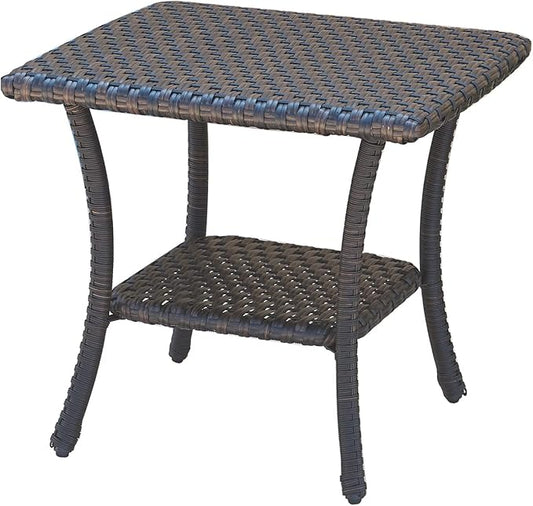 Rilyson Patio Tables Outdoor Coffee Table - Wicker Rattan Side Tables with 2-Tier Storage Shelf End Table for Porch Deck Balcony Garden Outside Square Brown