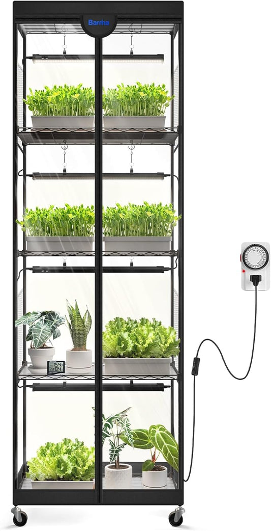 Barrina LP600 Mini Greenhouse with Grow Lights, 5-Tier Plant Stand with 100W TX-S25 1.6FT 5000K Full Spectrum Plant Shelf with Tent, Timer & Thermometer for for Seed Trays Growth, 23.6 x 13.8 x 70.9IN