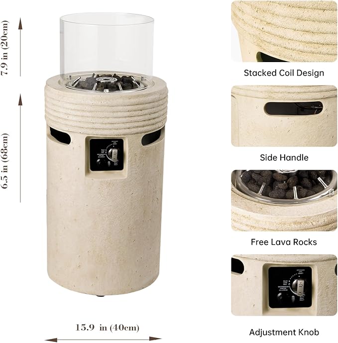 Outdoor Propane Fire Pit, 16" Propane Fire Column Patio Mgo Gas Fire Pit 50,000 BTU for Outside with Lava Rocks