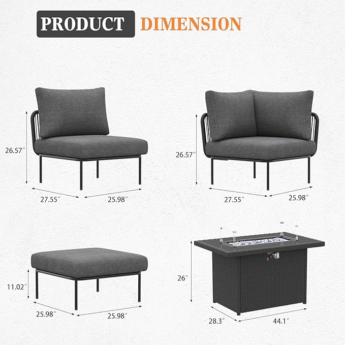 11 Piece Modern Outdoor Rope Wicker Sectional Patio L-Shaped Conversation Sofa Set Deep Seating with Fire Pit Table
