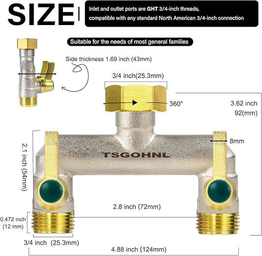 3/4 Inch Garden Hose splitter,Designed for installing multiple irrigation system timers, Suitable for high water pressure faucet manifolds,Freeze and rust resistant high flow 2 way valve