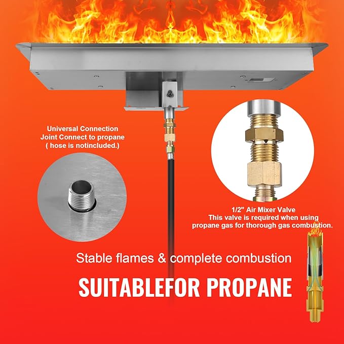 VEVOR 36 x 12 inch Drop-in Fire Pit Pan, Rectangular Stainless Steel Fire Pit Burner Kit, Propane Fire Pan 150,000 BTU with H-Burner for Indoor or Outdoor Use