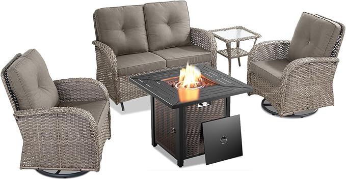 Belord 5 Pieces Outdoor Patio Furniture Set with 50000 BTU Propane Fire Pit Table, Deep Seating Wicker Swivel Rocker Chairs and Loveseat Glider Patio Conversation Set for Deck Poolside Backyard