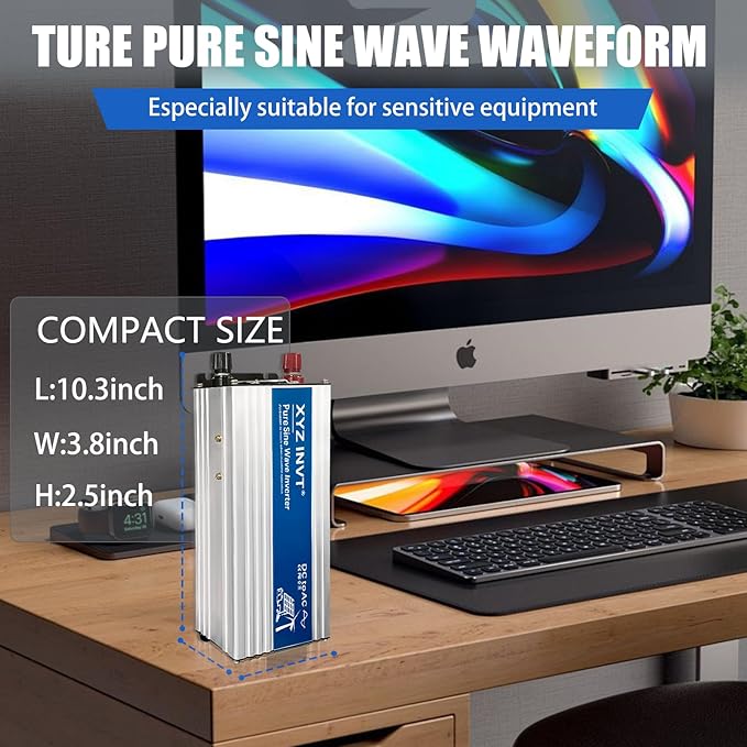 800W Pure Sine Wave Power Inverter DC 24V to AC 110V/120V, 1600W Peak, Car/Truck Power Converter for Solar, Home, Vehicle & Rechargeable Devices with LED Display