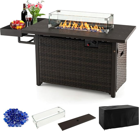 Giantex 52" Outdoor Propane Fire Pit - 50,000 BTU Wicker Patio Gas Fire Table w/Lid, Waterproof Cover, Tempered Glass Wind Guard & Blue Fire Stone, PE Rattan Firepit Table w/Storage Shelf (Brown)