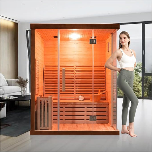ZONEMEL 3 Person Wooden Steam Sauna Room, Canadian Red Cedar Luxurious Indoor Sona House with 6 KW Heater, WiFi Controller, Bluetooth Speaker, Wooden Bucket, Scoop, Reading Light, 220V