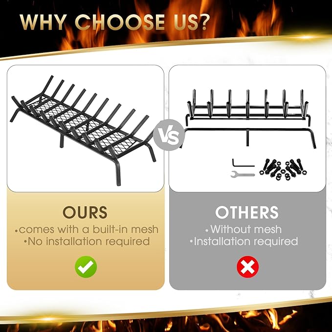 G GOOD GAIN Fireplace Grate with Ember Retainer, 32in Heavy Duty Steel Indoor, Chimney Hearth Wood Stove Burning Rack Holder,1/2 Bar Fire Place Asseccories for Outdoor, Fire Pits, Camping.