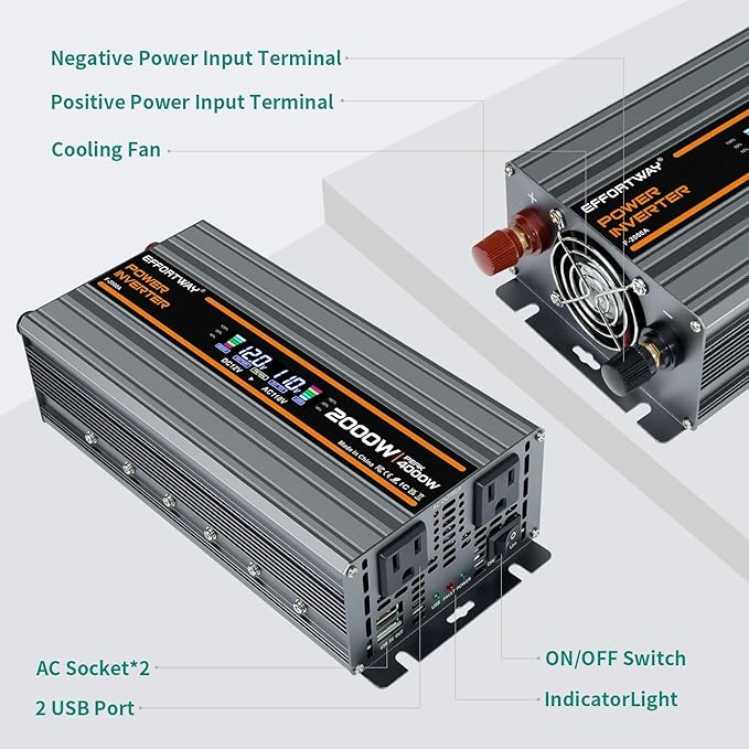 2000W Power Inverter 4000W (Peak). 12V DC to 110V/120V AC Converter with LCD Display, 2 AC outlets, 2 USB, 2000w Inverter for Camping RV Travel Outdoor Truck Off-Grid Solar inverters