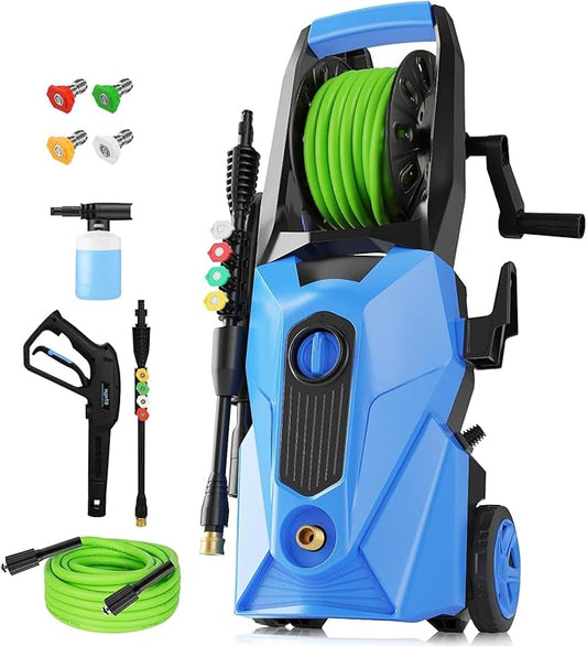 Electric Pressure Washer 5000 PSI,2.8 GPM Power Washer with Foam Cannon,Portable Cleaner with 33ft Hose Reel,4 Nozzle Tips,and Soap Bottle for Cars/Home/Driveways/Patios/Decks/Fences