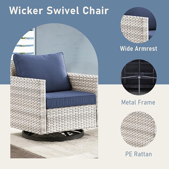 Outdoor Rocker Chairs - Patio Swivel Chair Set, Two Wicker Chairs with One Side Table, Light Grey/Blue